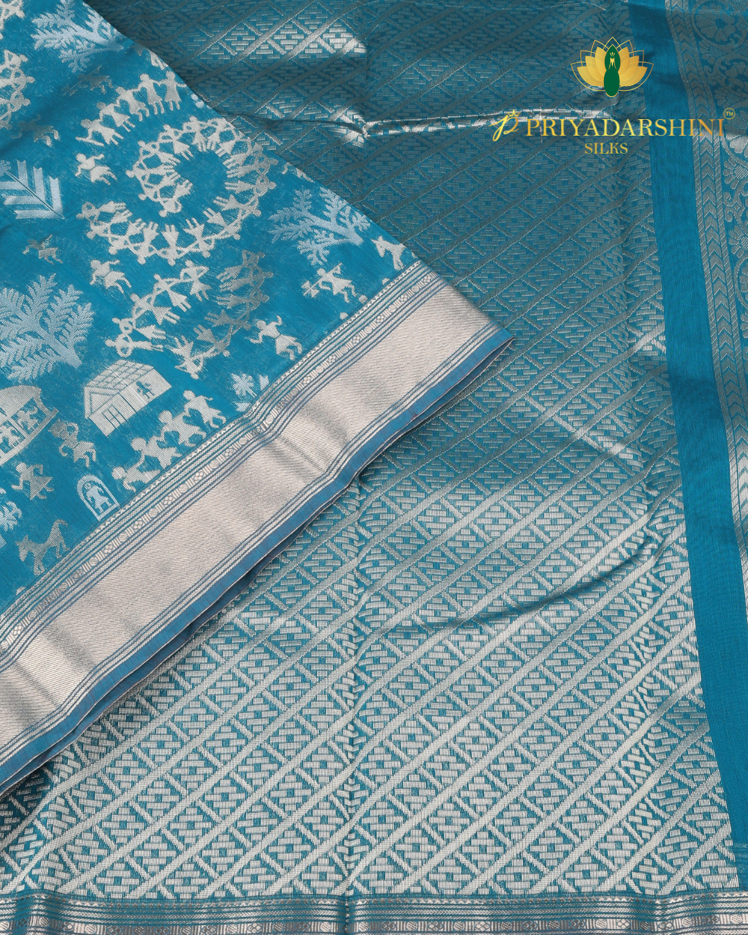 Peacock Blue Tribal Inspired Motif - Silk Cotton