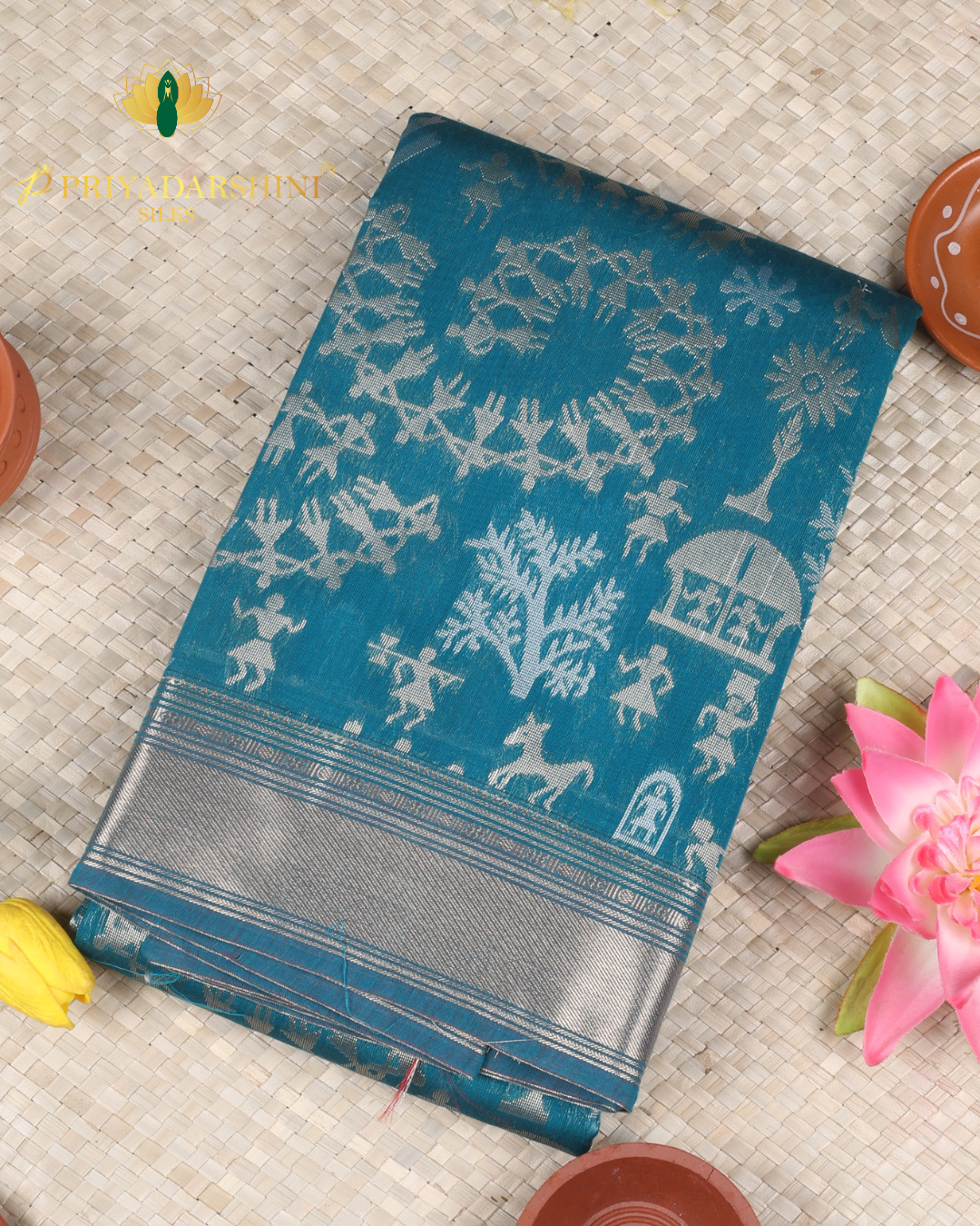 Peacock Blue Tribal Inspired Motif - Silk Cotton