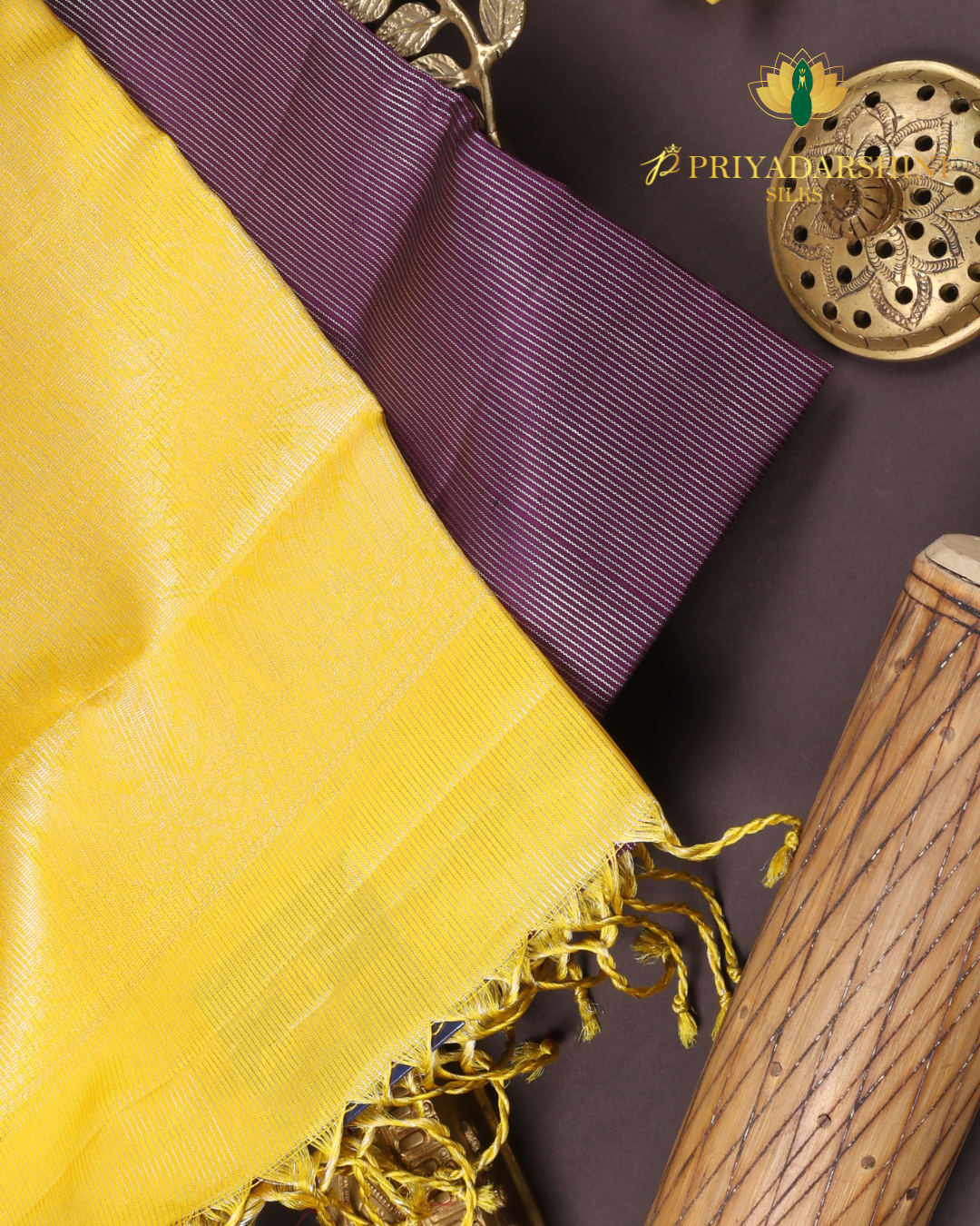Plum Purple and Mustard Yellow Doll Motif - Soft Silk