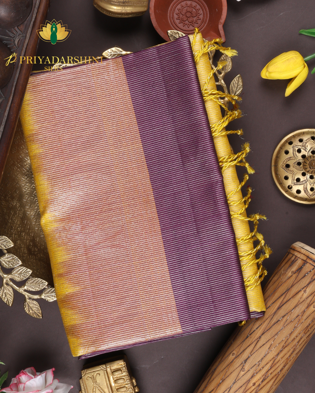 Plum Purple and Mustard Yellow Doll Motif - Soft Silk