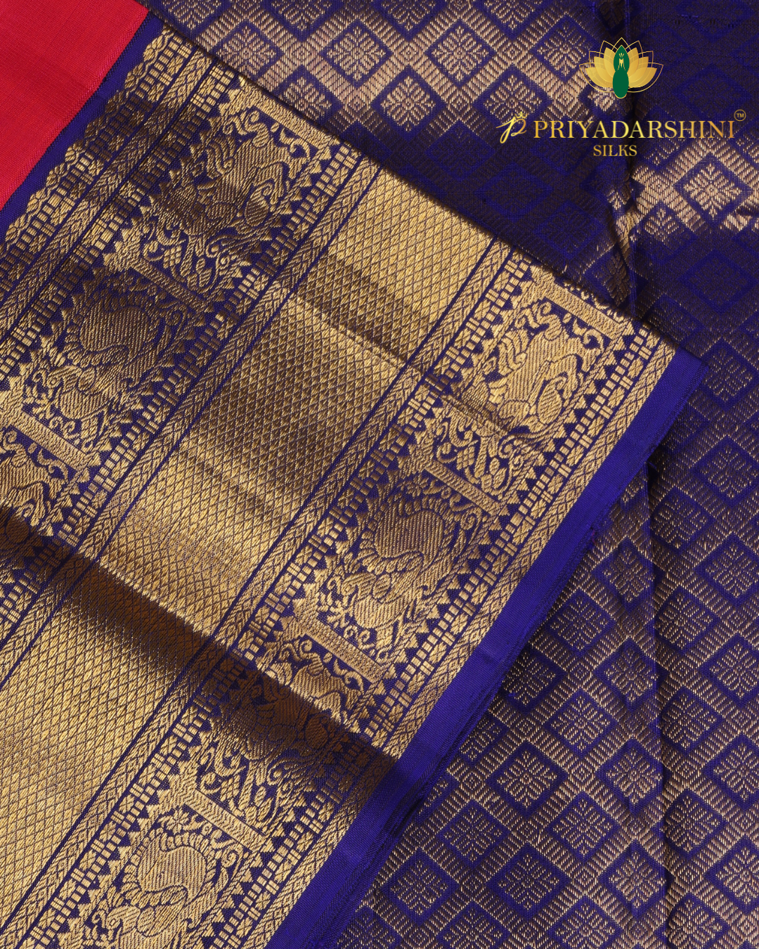 Raspberry Pink and Royal Blue Coin and Peacock Motif - Kanjivaram Silk