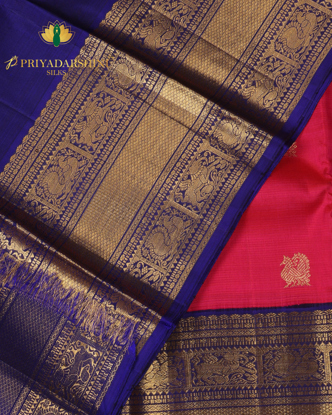 Raspberry Pink and Royal Blue Coin and Peacock Motif - Kanjivaram Silk
