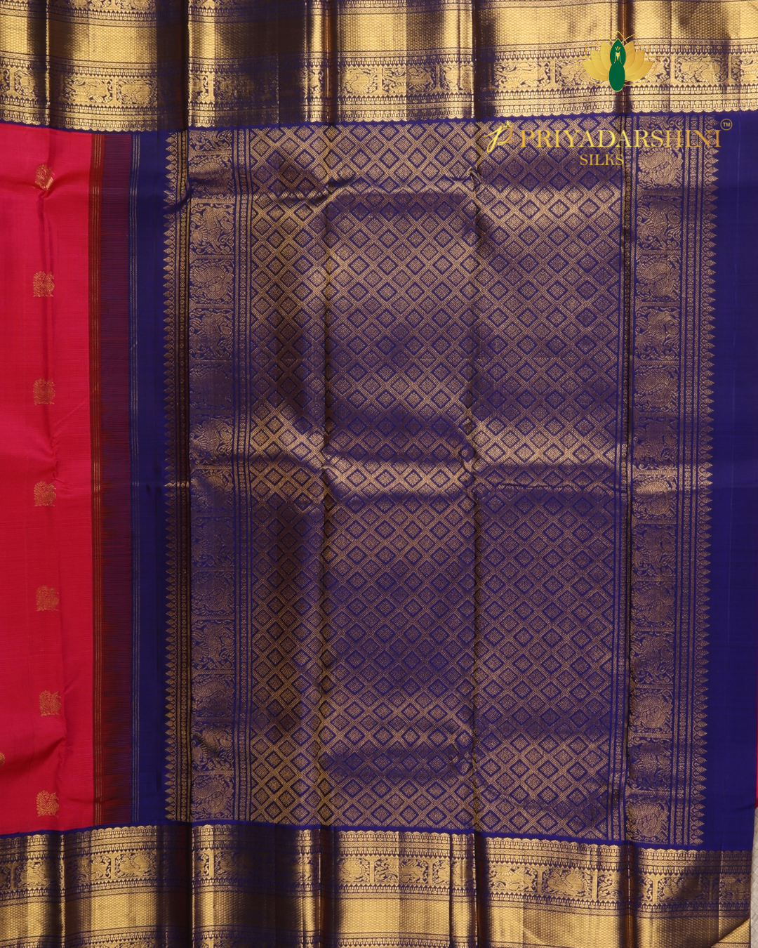 Raspberry Pink and Royal Blue Coin and Peacock Motif - Kanjivaram Silk (5)