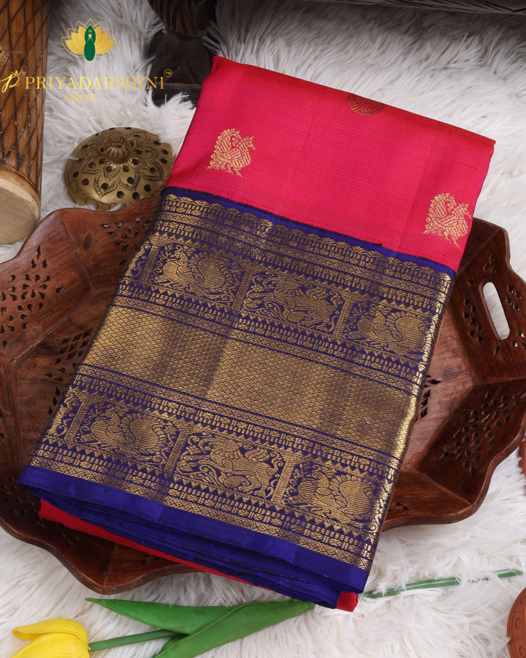 Raspberry Pink and Royal Blue Coin and Peacock Motif - Kanjivaram Silk