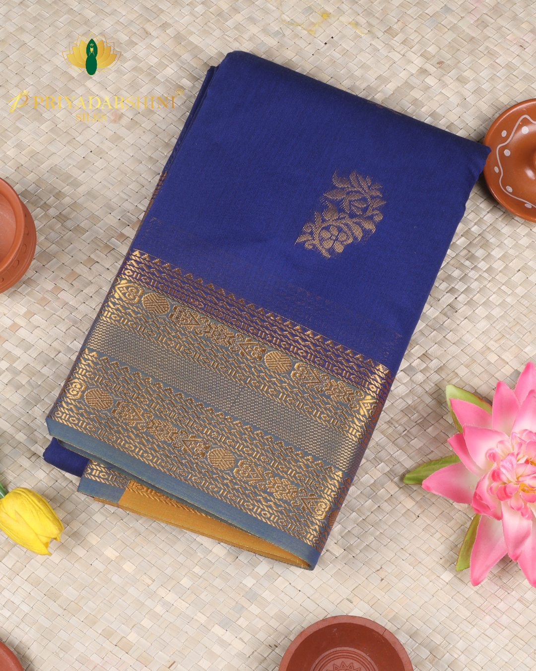 Royal Blue and Mustard Gold Floral Motif - Cotton