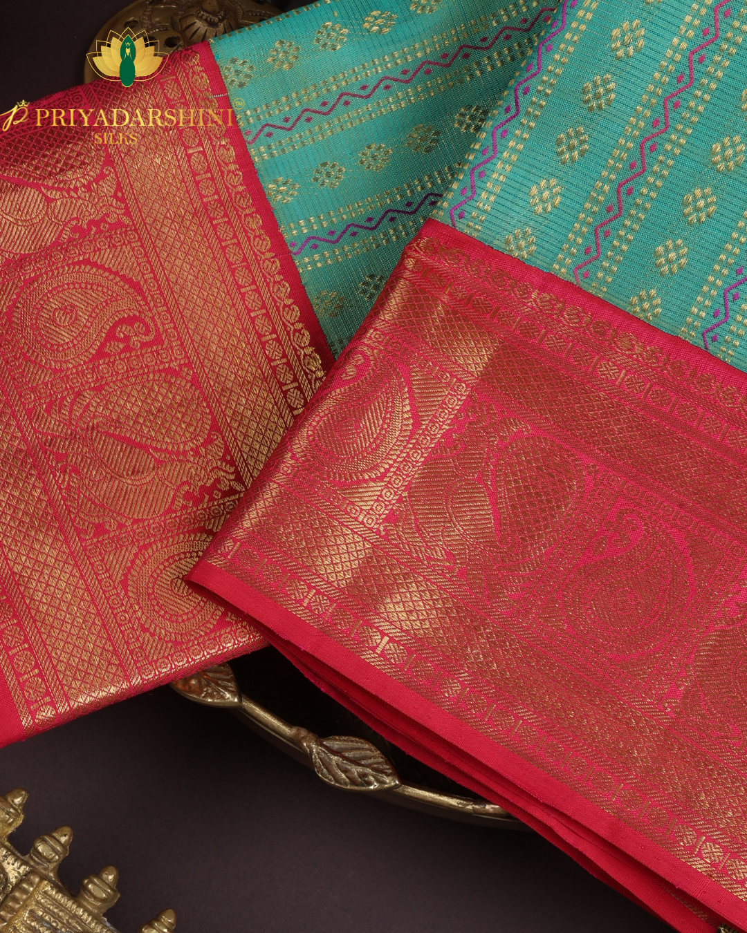 Sea Green and Red with Striped Pattern - Kanjivaram Silk