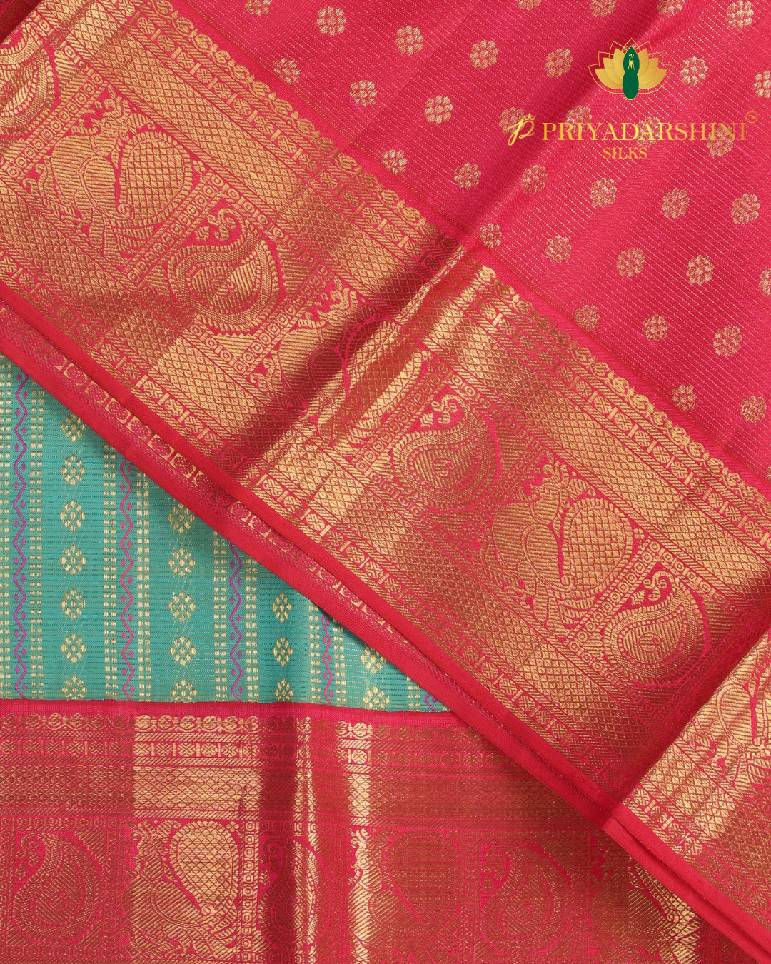 Sea Green and Red with Striped Pattern - Kanjivaram Silk