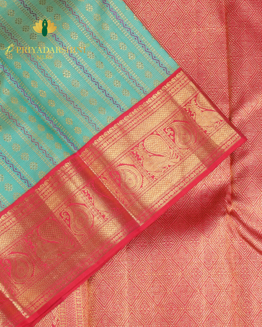 Sea Green and Red with Striped Pattern - Kanjivaram Silk