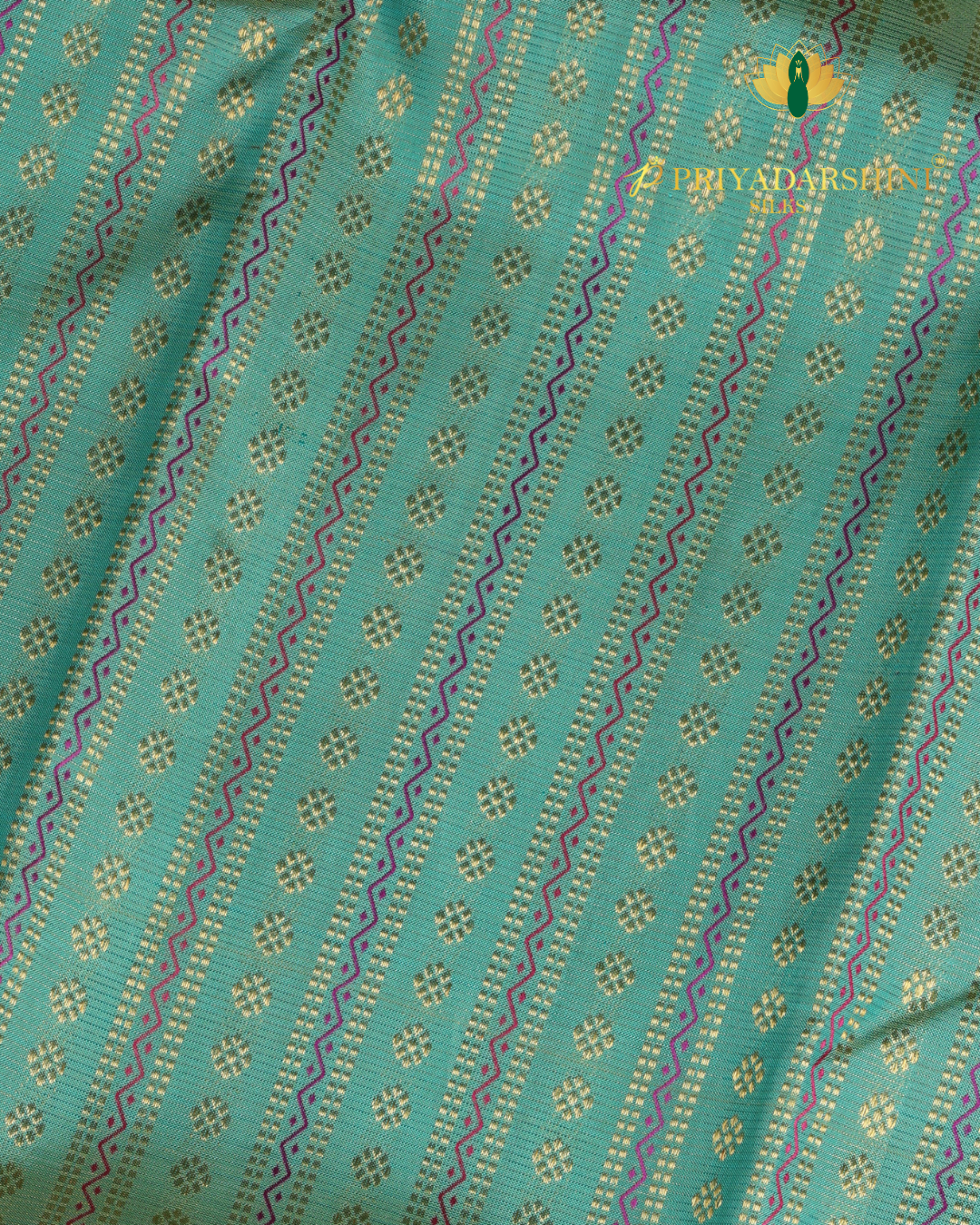 Sea Green and Red with Striped Pattern - Kanjivaram Silk