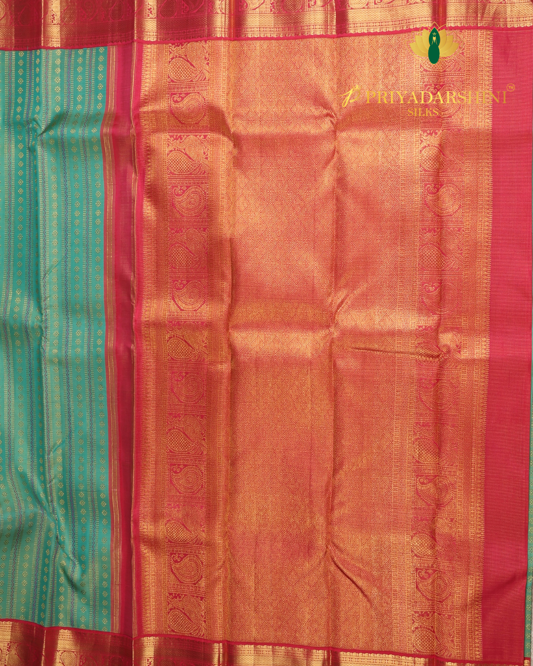 Sea Green and Red with Striped Pattern - Kanjivaram Silk