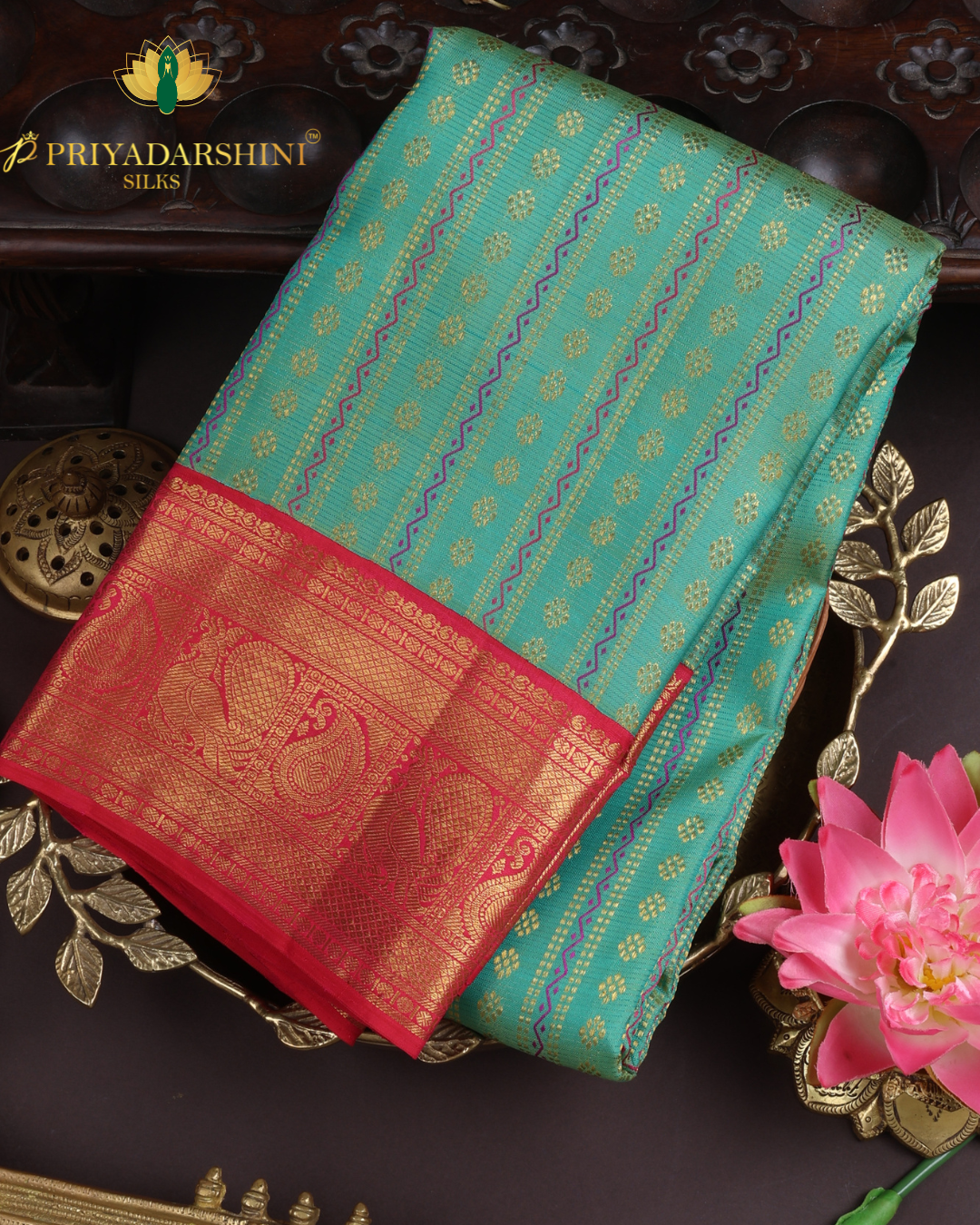 Sea Green and Red with Striped Pattern - Kanjivaram Silk