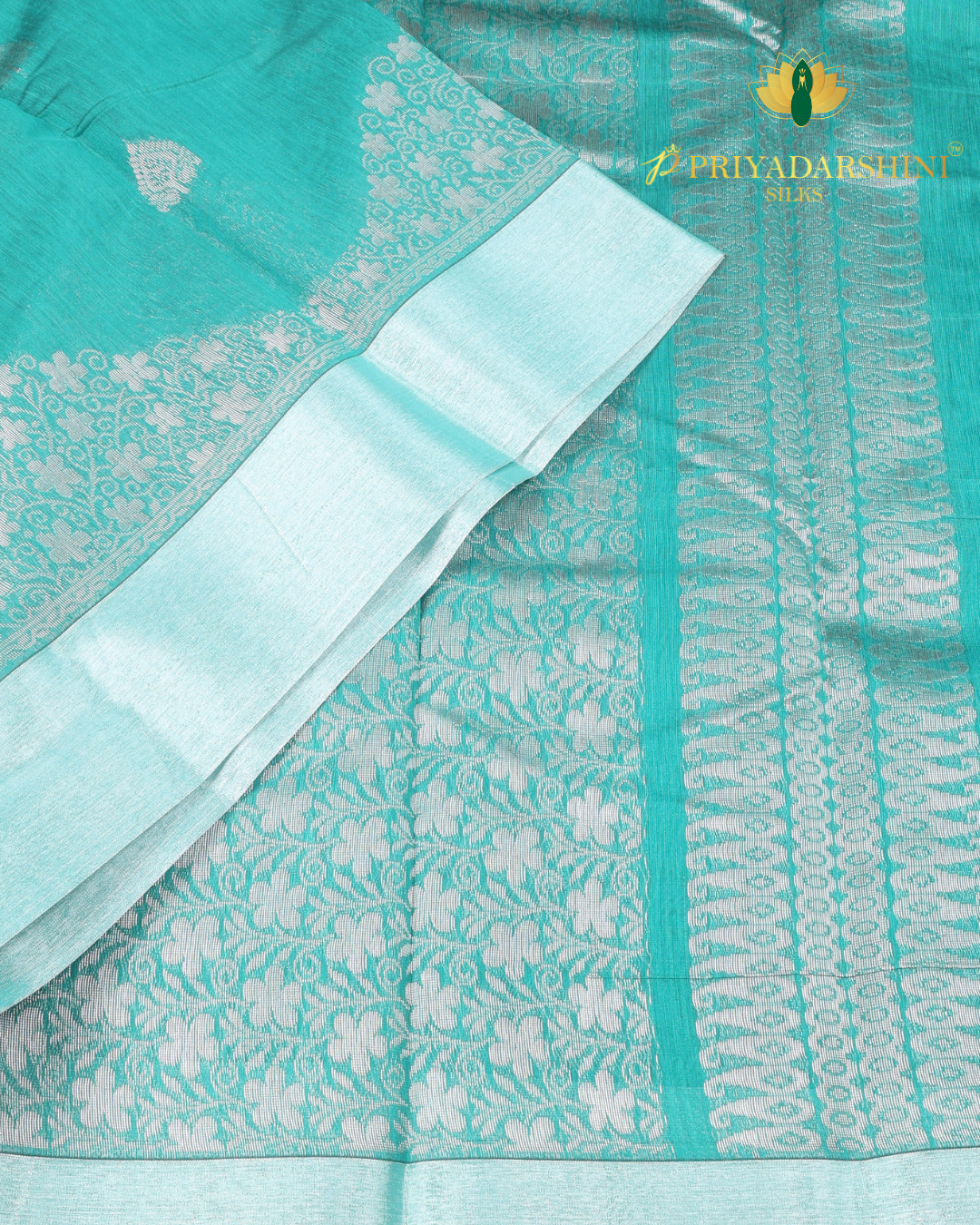 Sea Green and Silver Peepal Leaf Motif - Silk Cotton