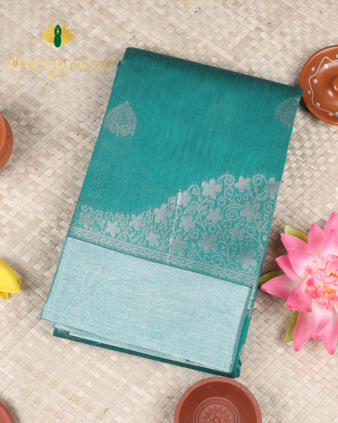 Sea Green and Silver Peepal Leaf Motif - Silk Cotton
