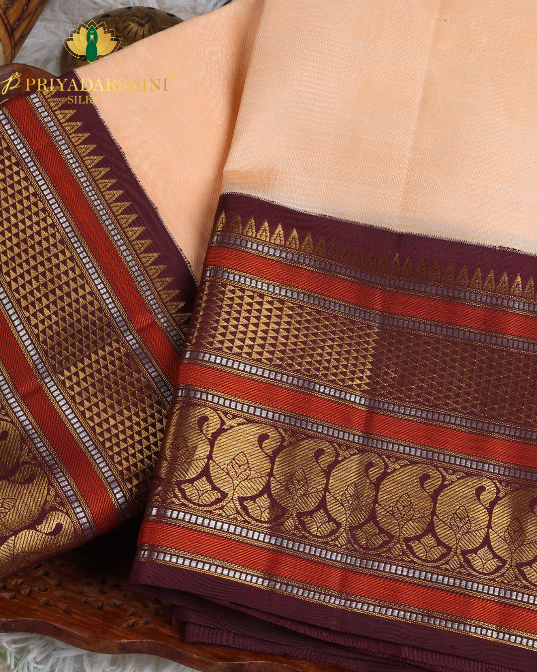 Soft Cream and Rich Maroon Kolam Motif - Kanjivaram Silk