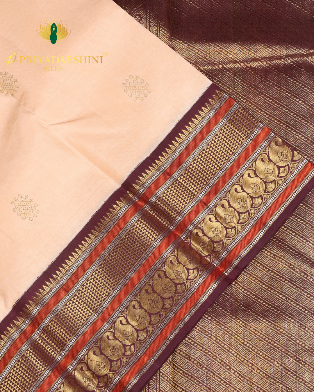 Soft Cream and Rich Maroon Kolam Motif - Kanjivaram Silk