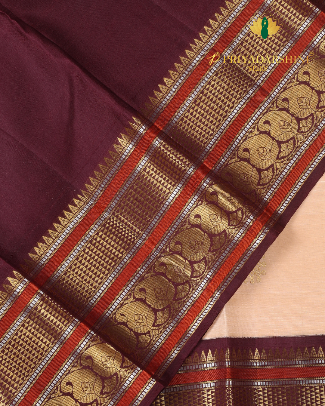 Soft Cream and Rich Maroon Kolam Motif - Kanjivaram Silk