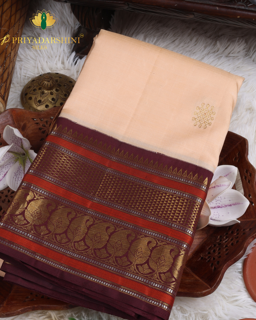 Soft Cream and Rich Maroon Kolam Motif - Kanjivaram Silk