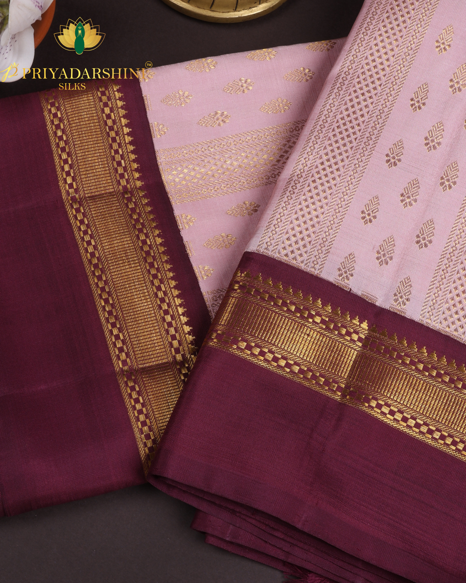 Pastel Peach and Deep Purple with Coin and Peacock Motif - Kanjivaram Silk