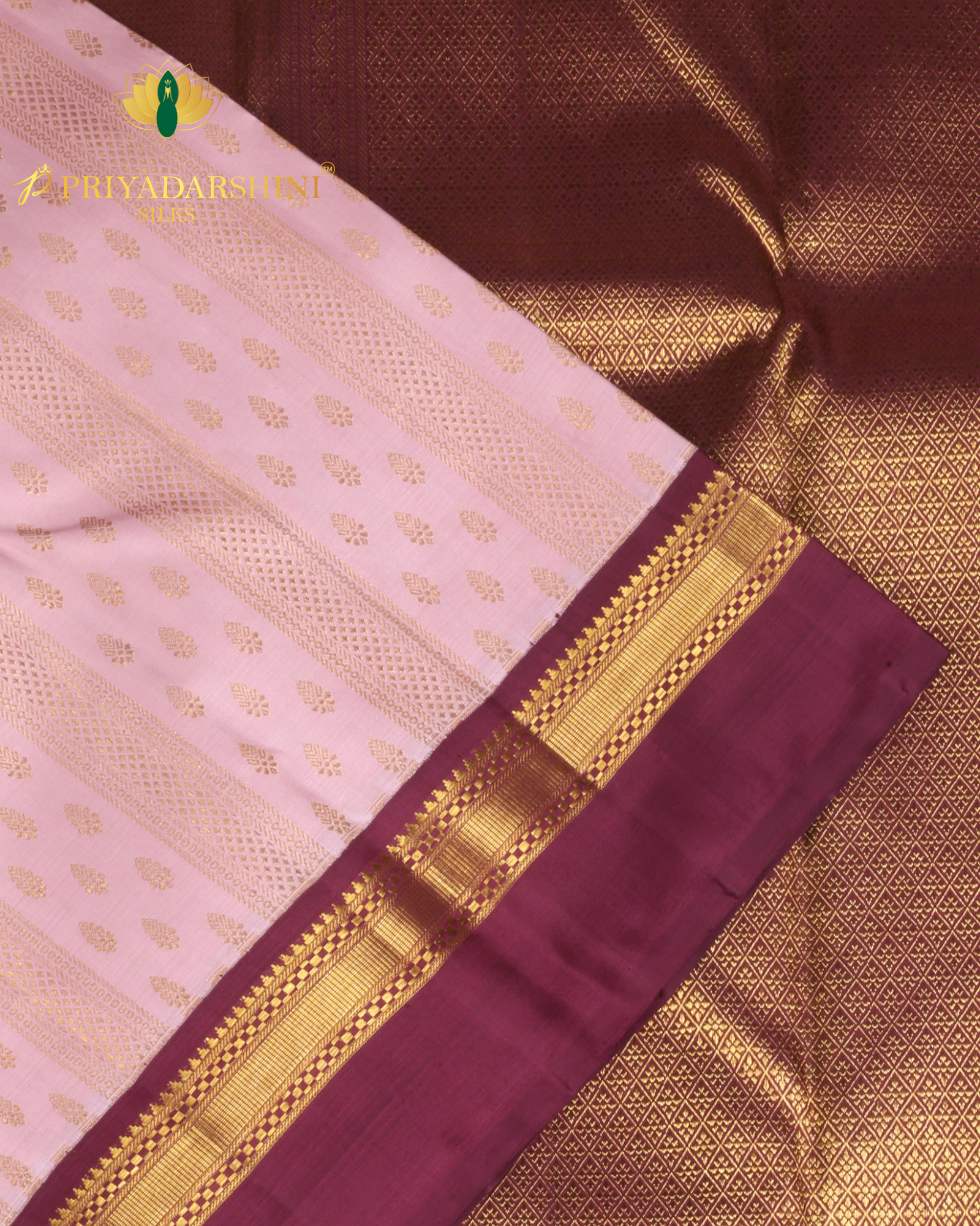 Pastel Peach and Deep Purple with Coin and Peacock Motif - Kanjivaram Silk