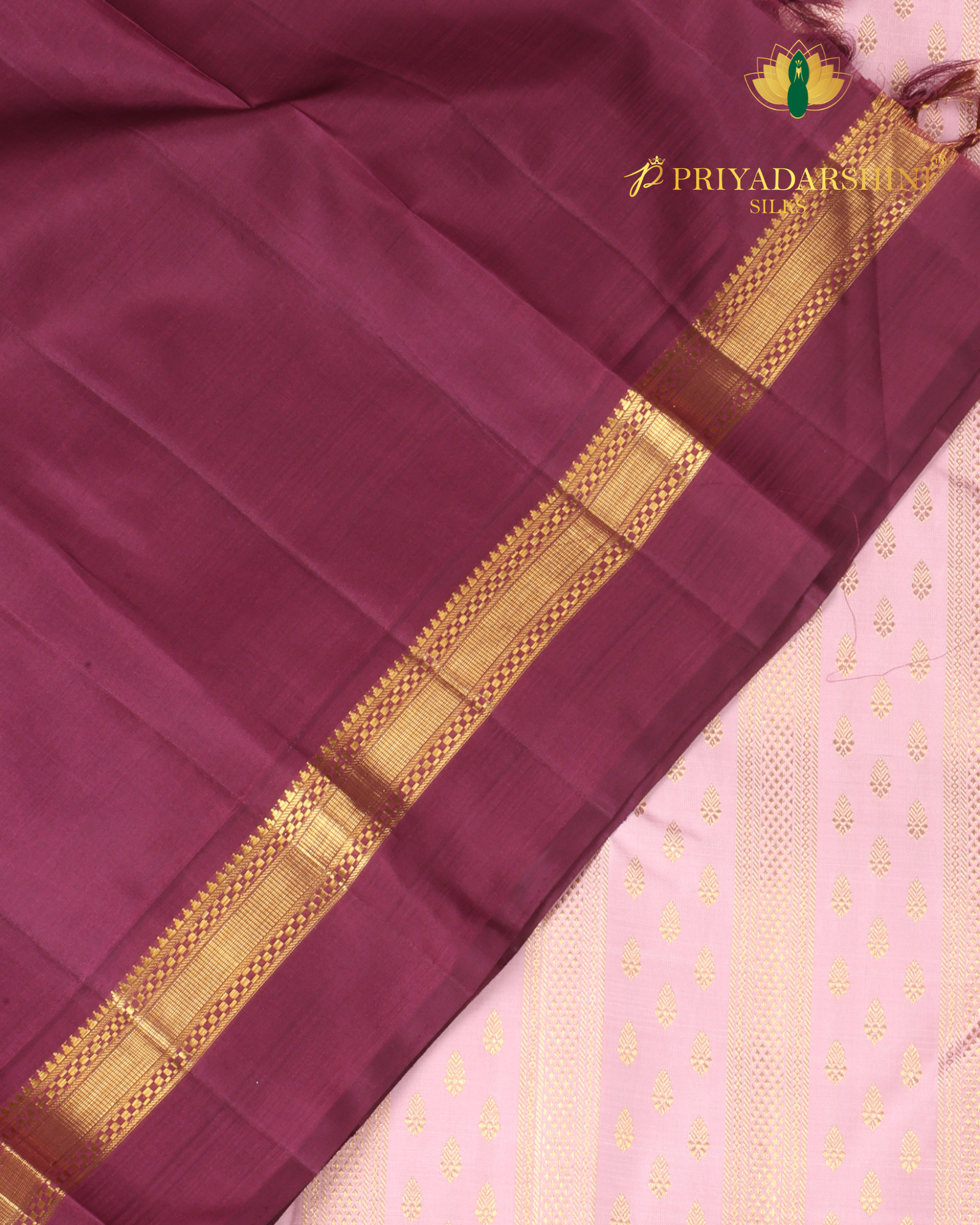 Pastel Peach and Deep Purple with Coin and Peacock Motif - Kanjivaram Silk