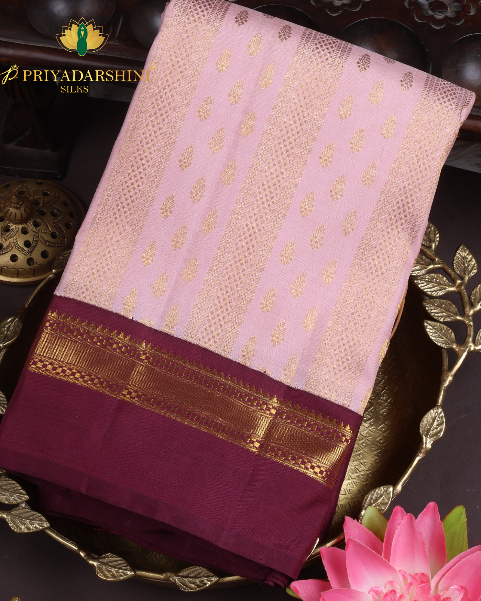 Pastel Peach and Deep Purple with Coin and Peacock Motif - Kanjivaram Silk