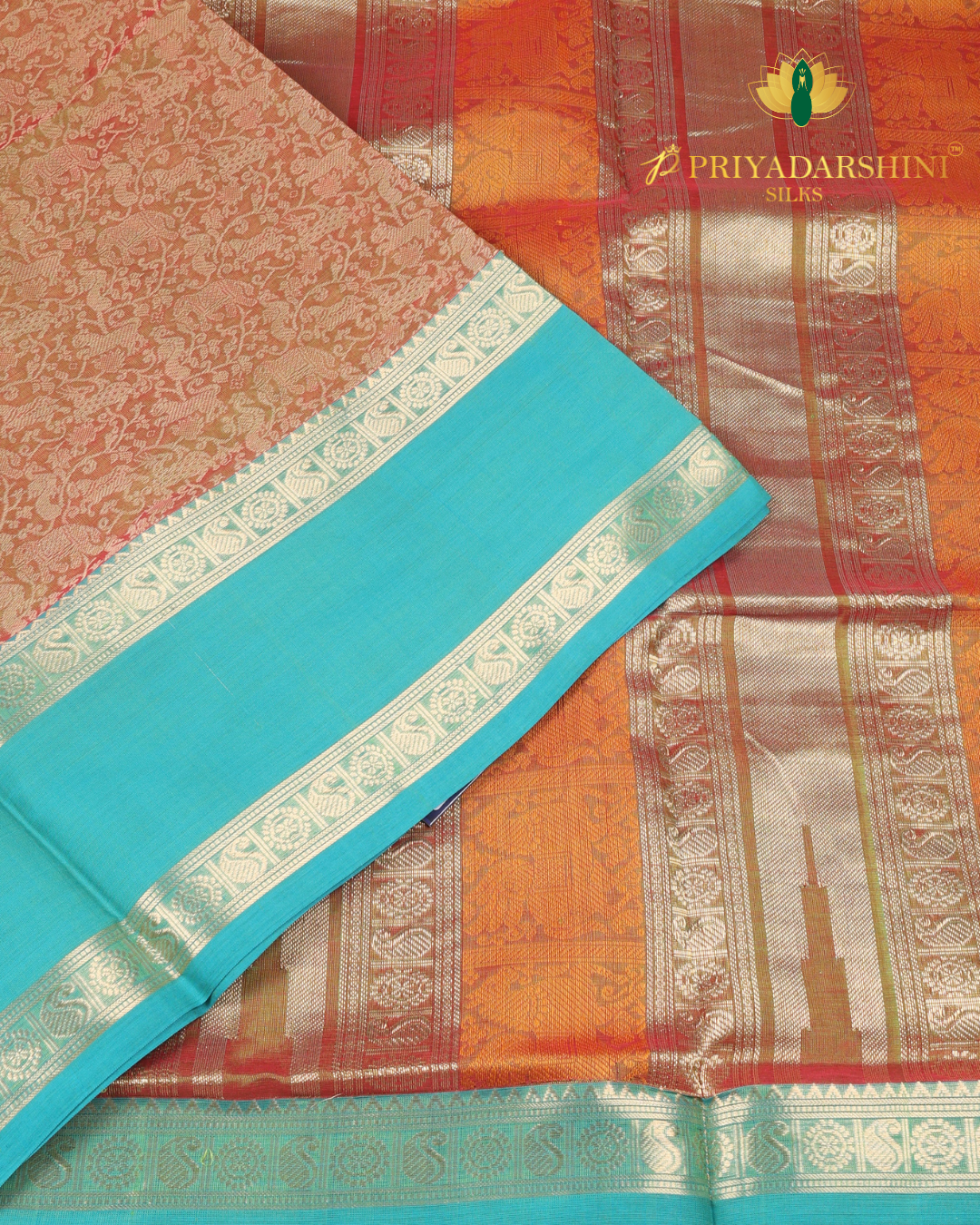 Turquoise Blue and Copper brocade pattern - Silk Cotton