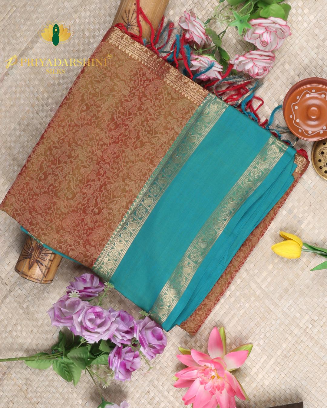 Turquoise Blue and Copper brocade pattern - Silk Cotton