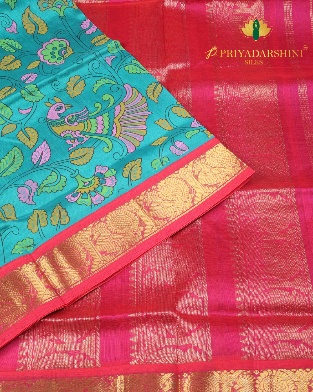 Turquoise Blue and Rani Pink Kalamkari floral vine - Silk Cotton