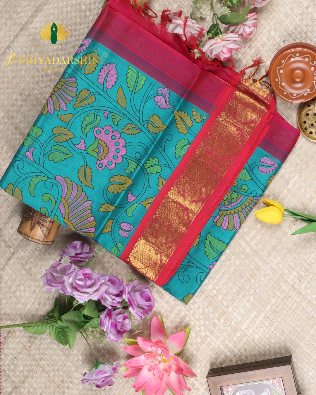 Turquoise Blue and Rani Pink Kalamkari floral vine - Silk Cotton