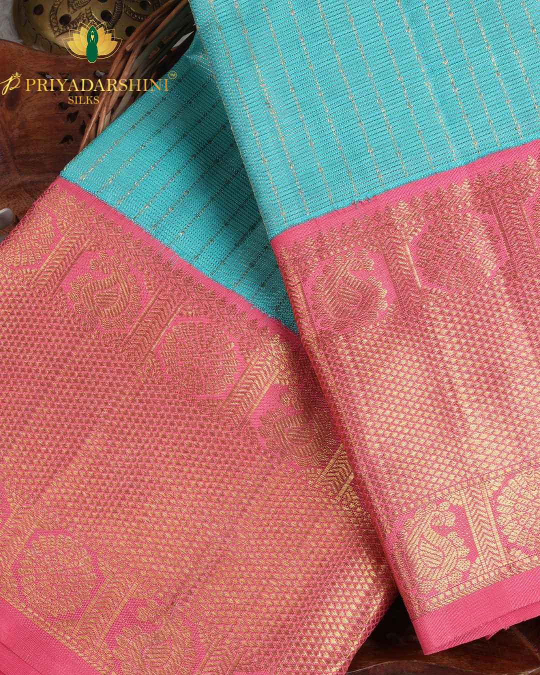 Turquoise Blue and Soft Pink with Paisley Motif - Kanjivaram Silk (2)