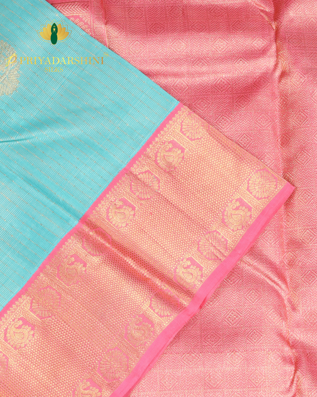 Turquoise Blue and Soft Pink with Paisley Motif - Kanjivaram Silk