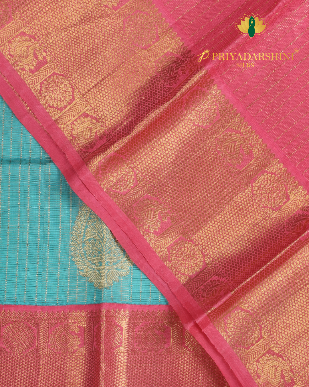 Turquoise Blue and Soft Pink with Paisley Motif - Kanjivaram Silk