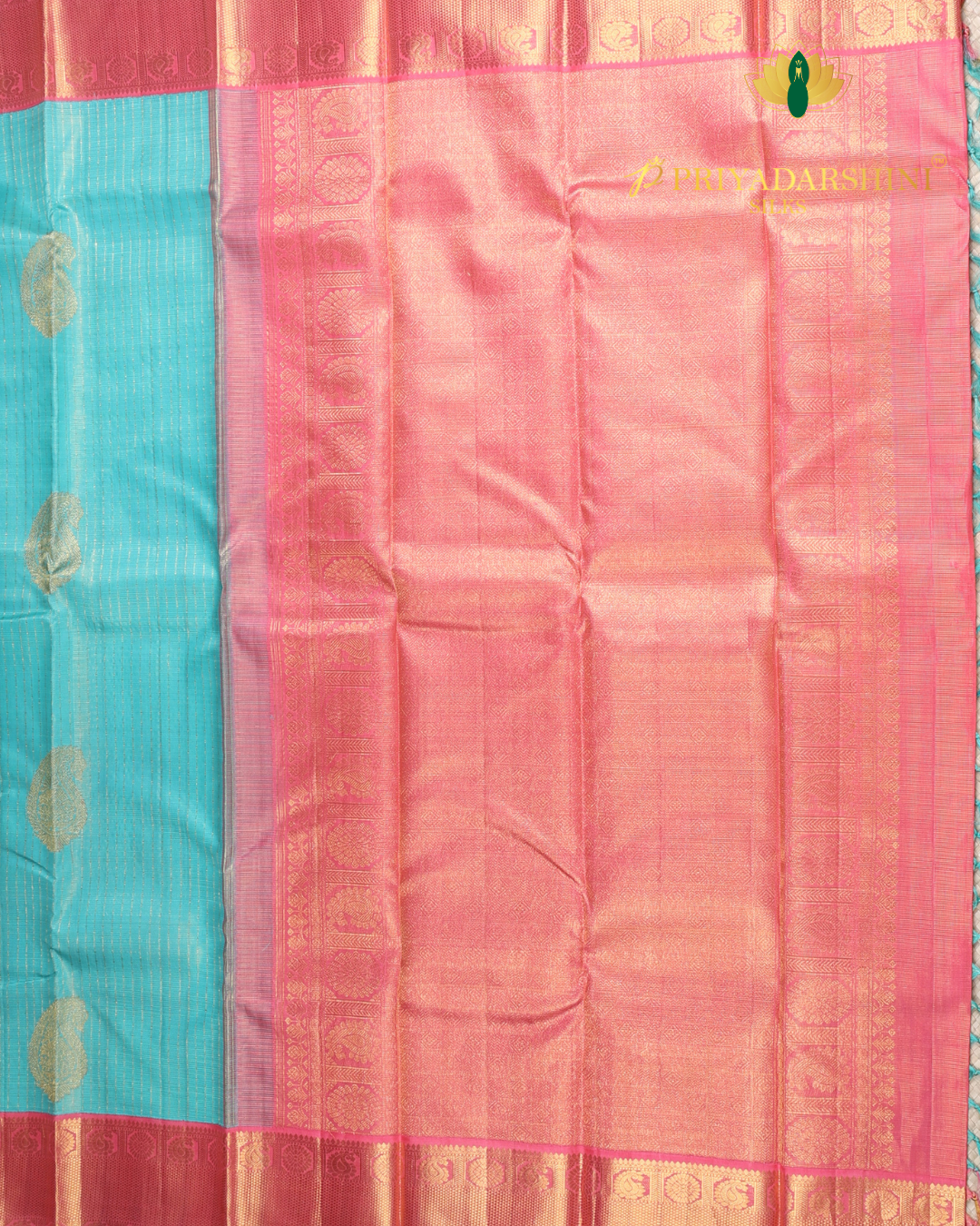 Turquoise Blue and Soft Pink with Paisley Motif - Kanjivaram Silk