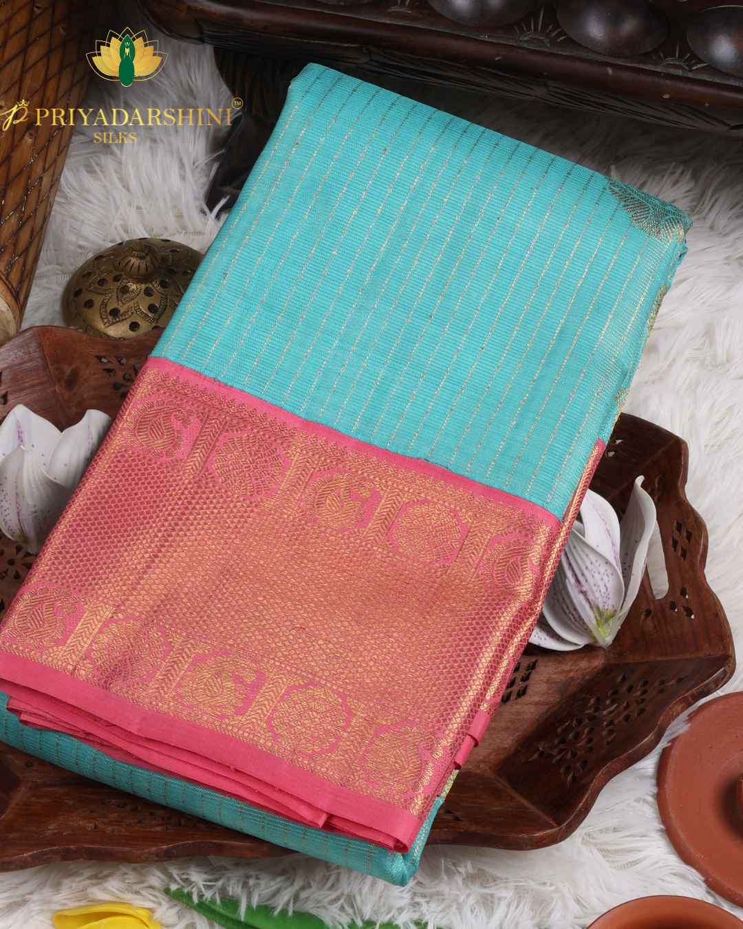 Turquoise Blue and Soft Pink with Paisley Motif - Kanjivaram Silk