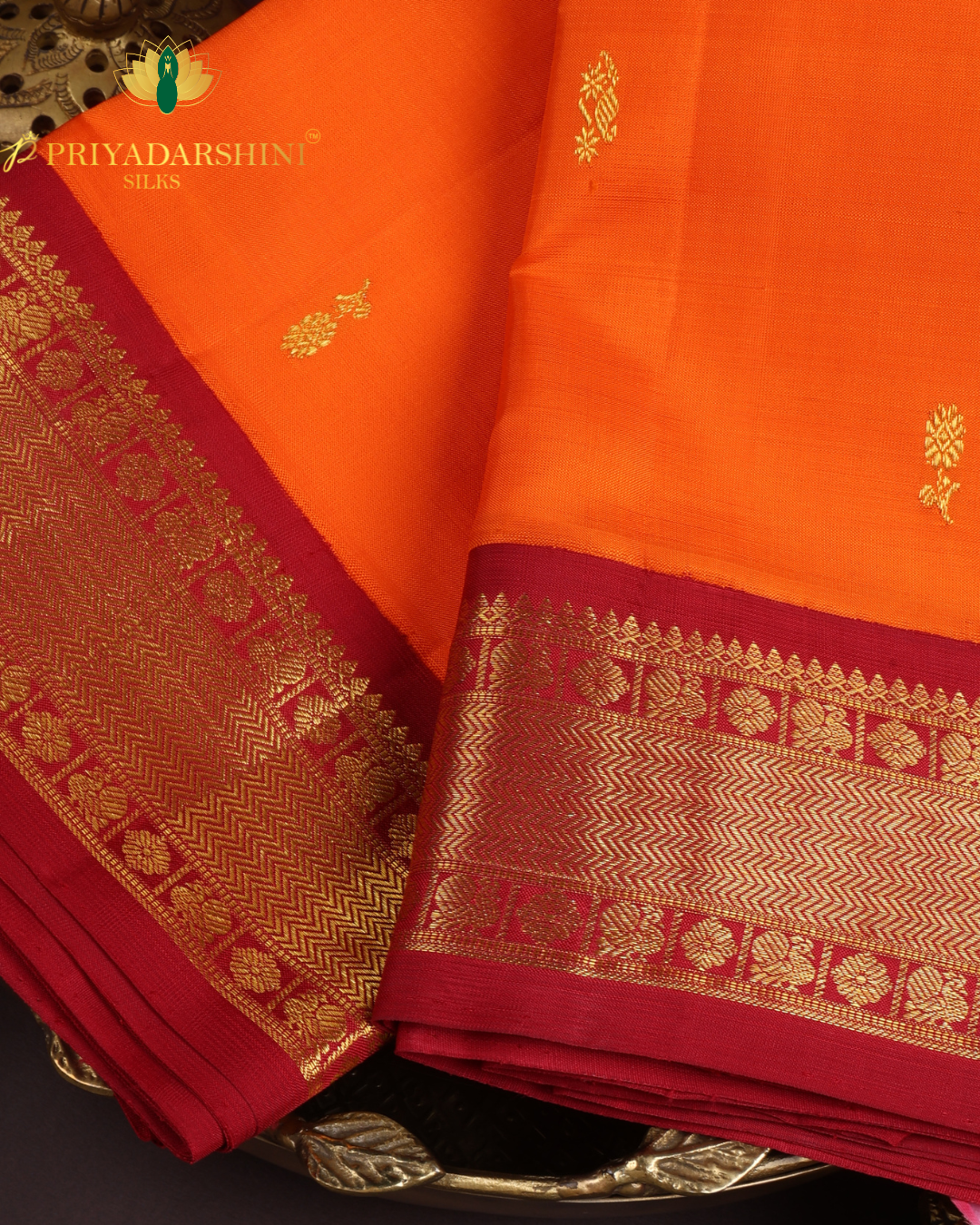 Vibrant Orange and Deep Red with Floral Motifs - Kanjivaram Silk