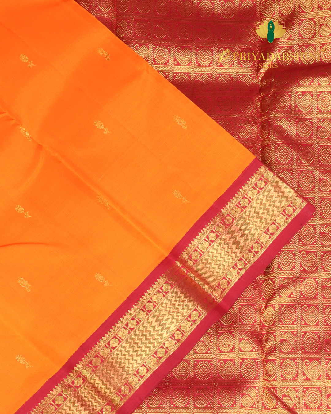 Vibrant Orange and Deep Red with Floral Motifs - Kanjivaram Silk