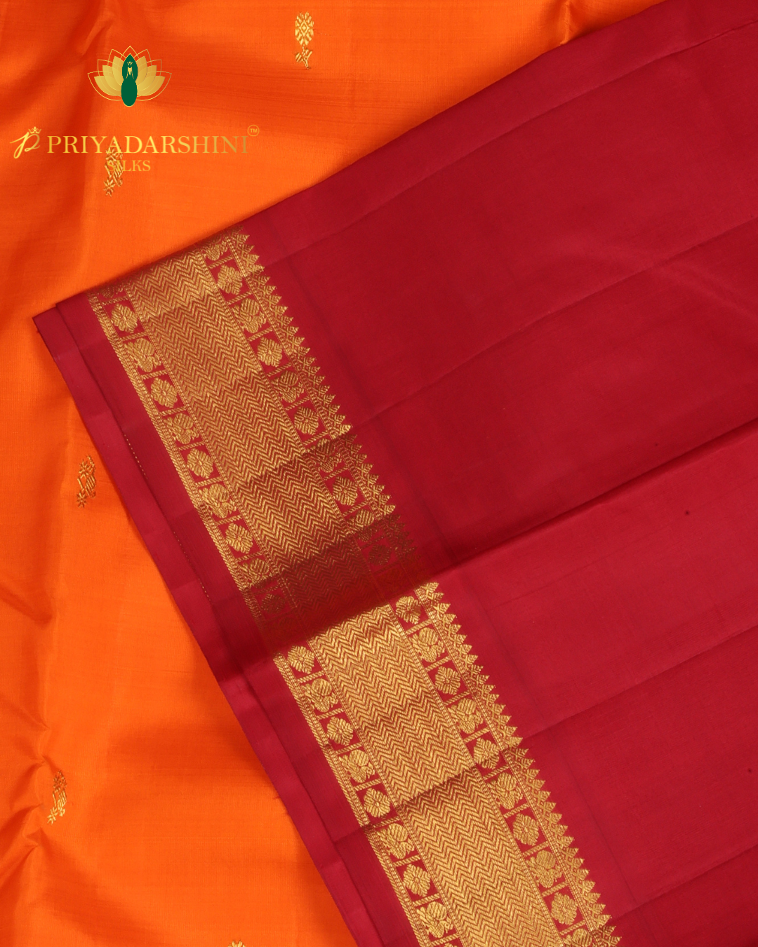 Vibrant Orange and Deep Red with Floral Motifs - Kanjivaram Silk
