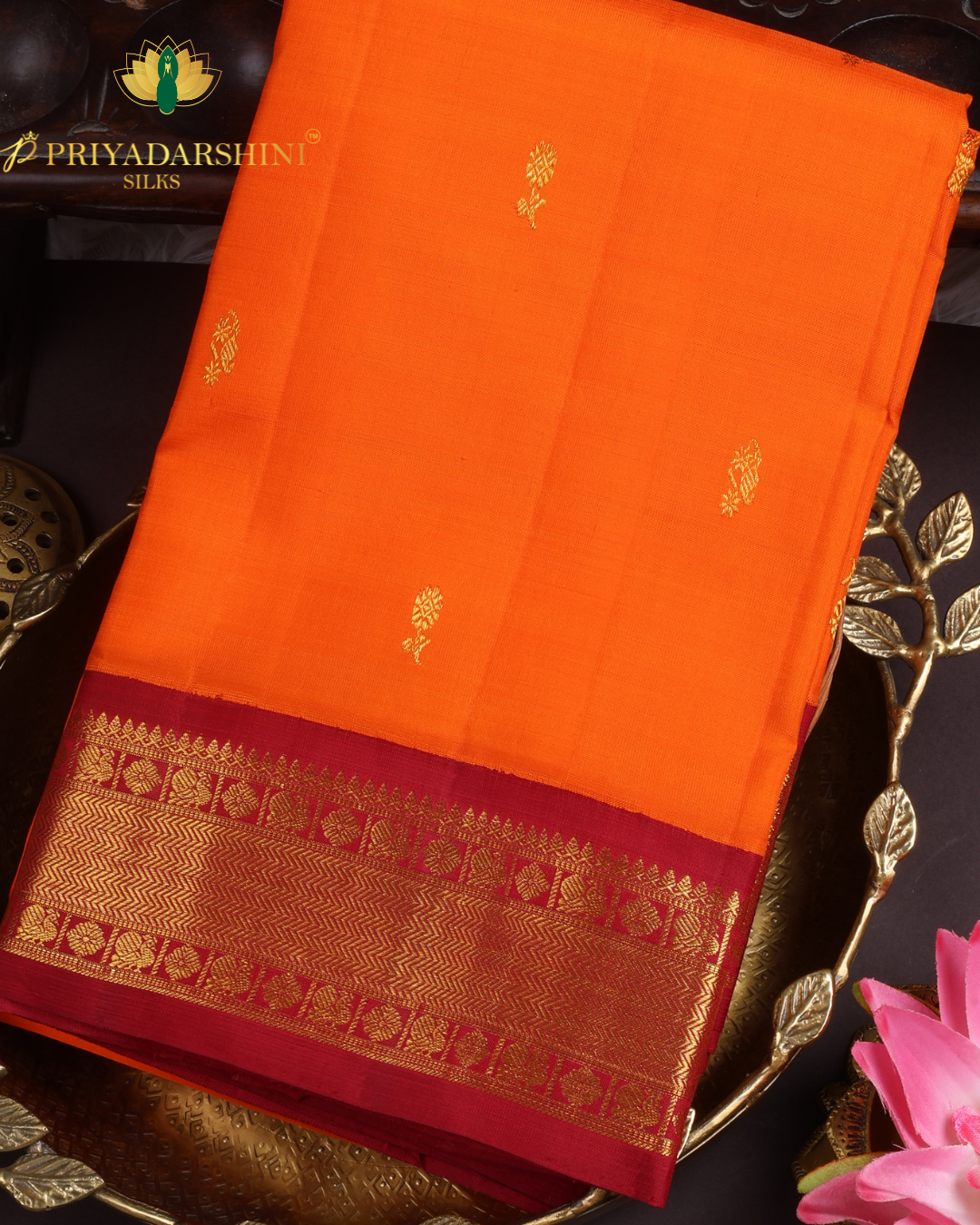 Vibrant Orange and Deep Red with Floral Motifs - Kanjivaram Silk