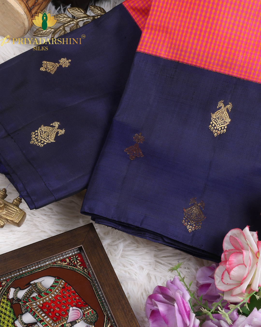 Vibrant Orange and Pink Checkerboard Pattern - Kanjivaram Silk