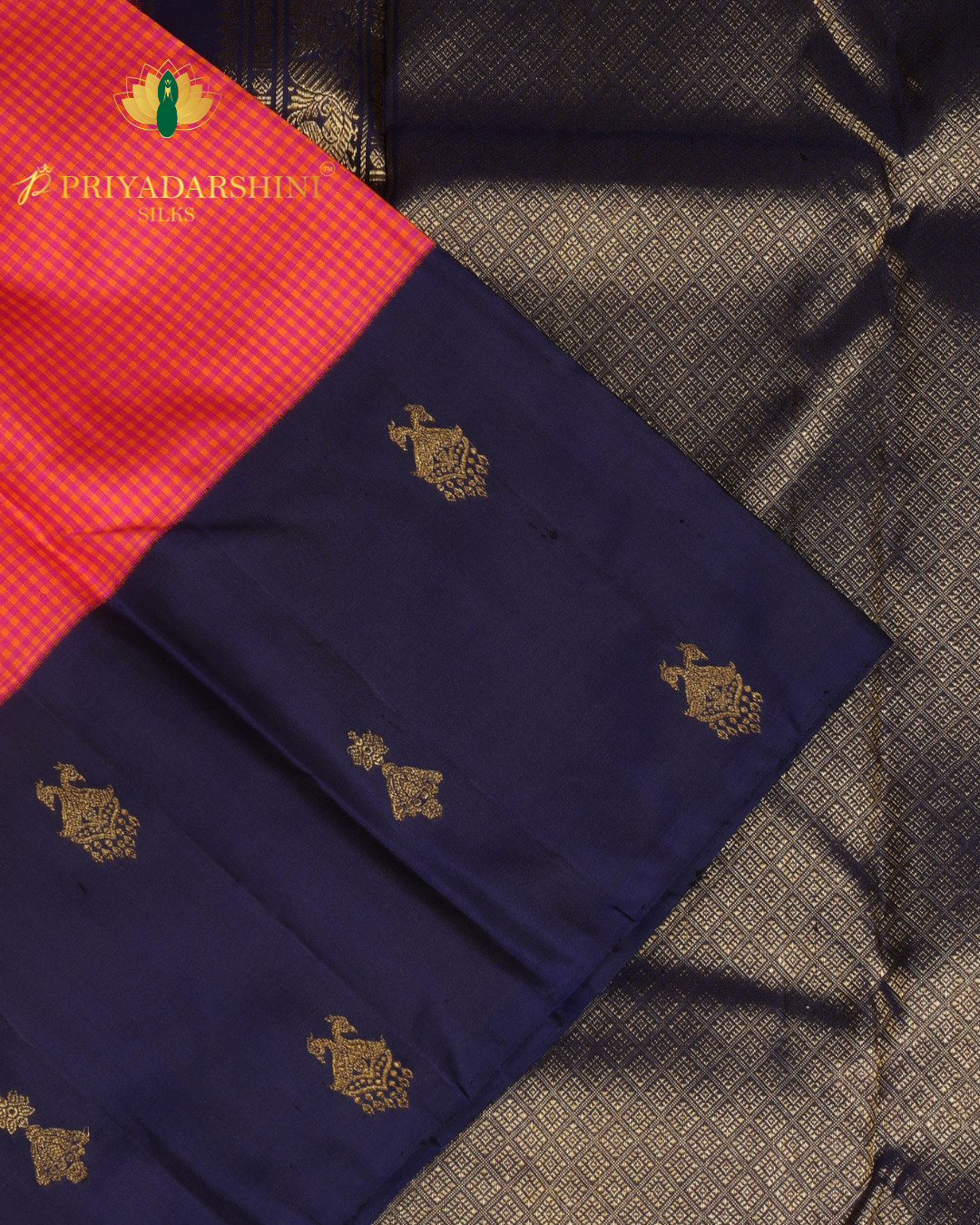 Vibrant Orange and Pink Checkerboard Pattern - Kanjivaram Silk