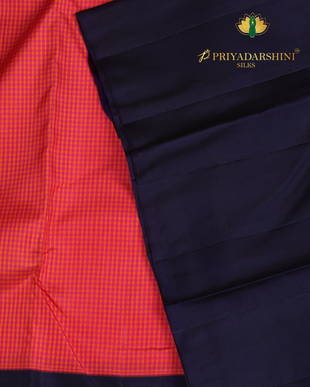 Vibrant Orange and Pink Checkerboard Pattern - Kanjivaram Silk