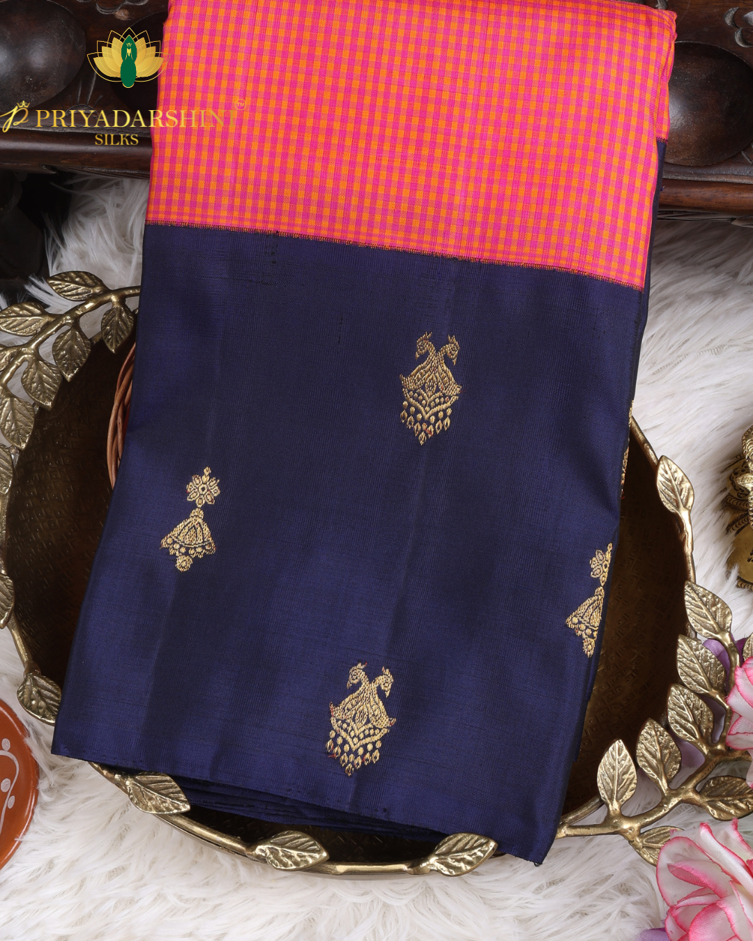 Vibrant Orange and Pink Checkerboard Pattern - Kanjivaram Silk