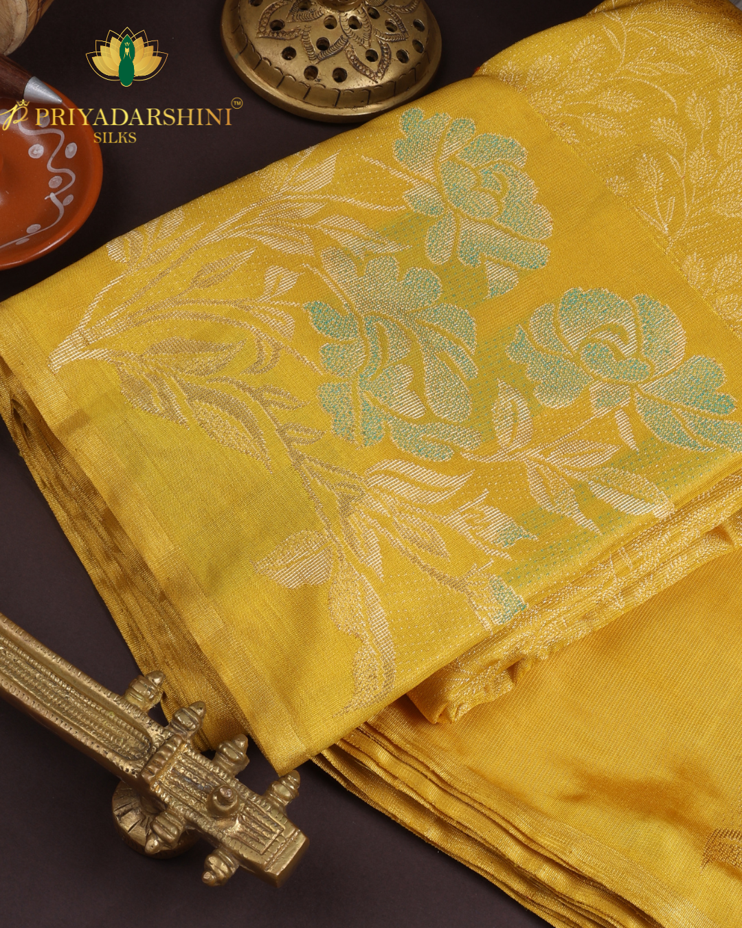 Vibrant Yellow and Turquoise Blue Floral Brocade - Kanjivaram Silk