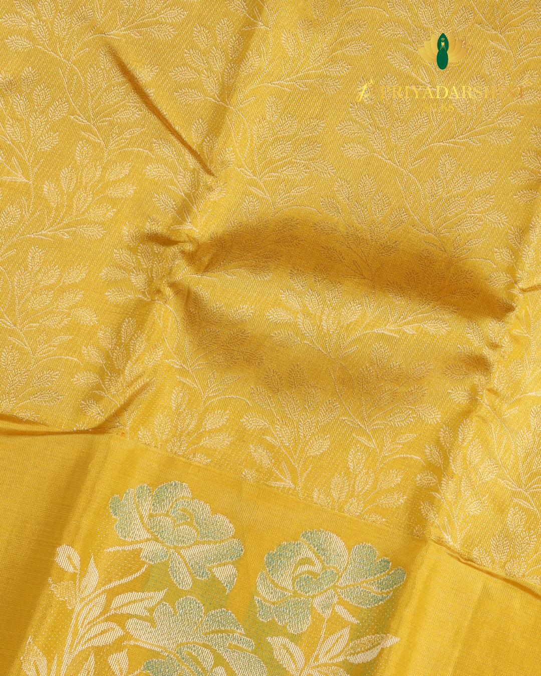 Vibrant Yellow and Turquoise Blue Floral Brocade - Kanjivaram Silk