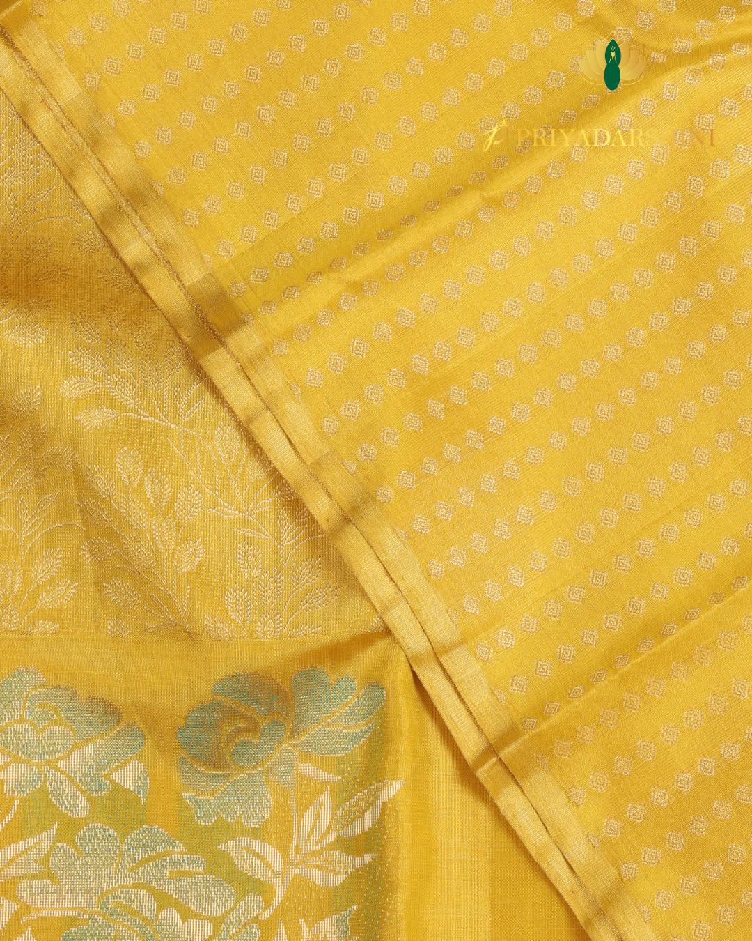 Vibrant Yellow and Turquoise Blue Floral Brocade - Kanjivaram Silk
