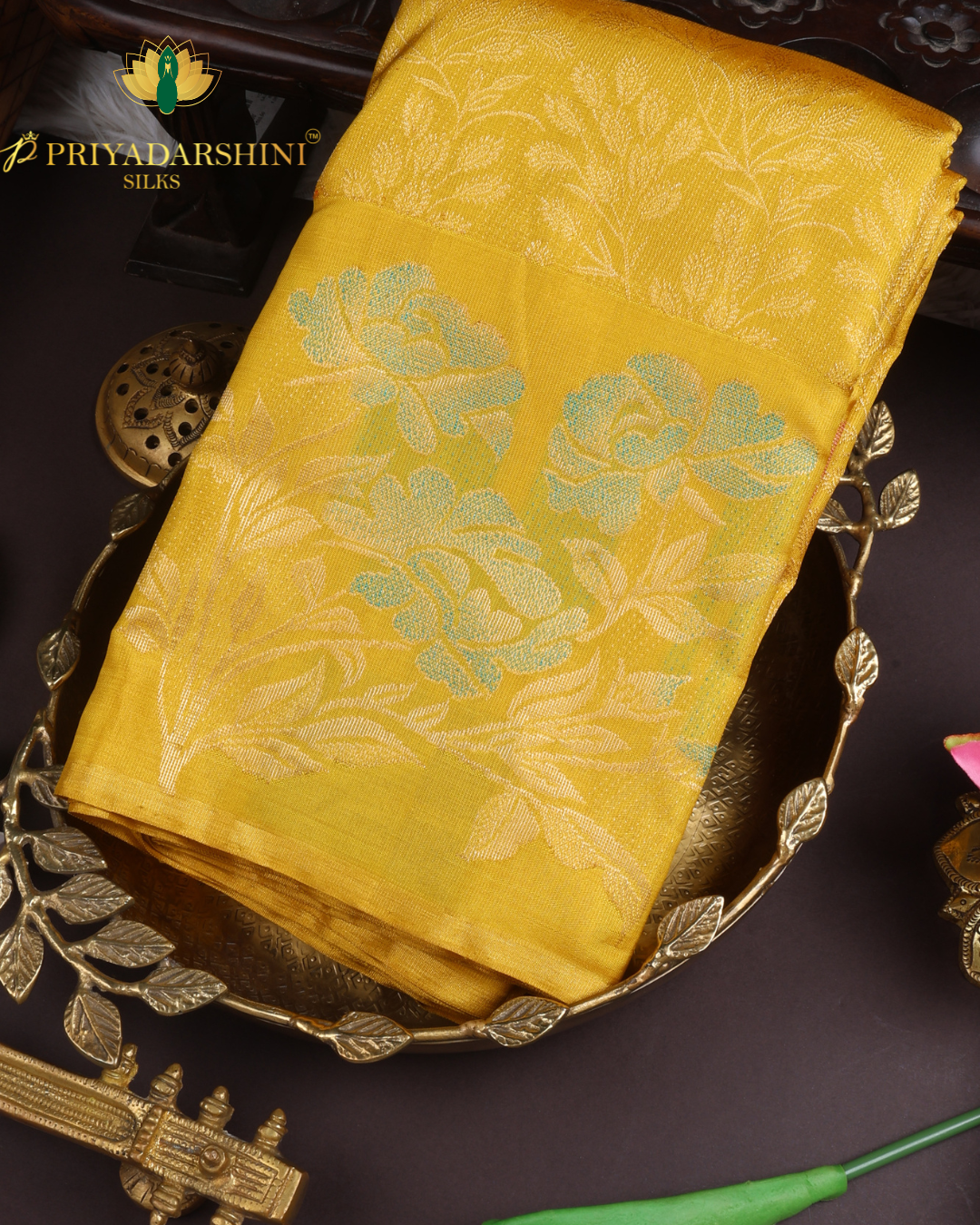 Vibrant Yellow and Turquoise Blue Floral Brocade - Kanjivaram Silk