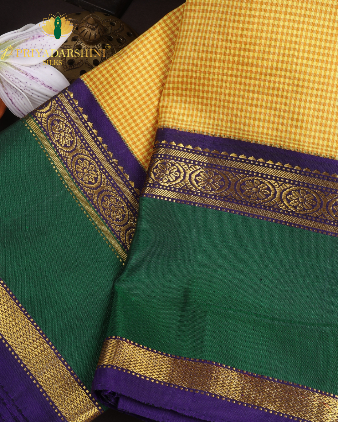 Yellow and Deep Green grid pattern - Kanjivaram Silk