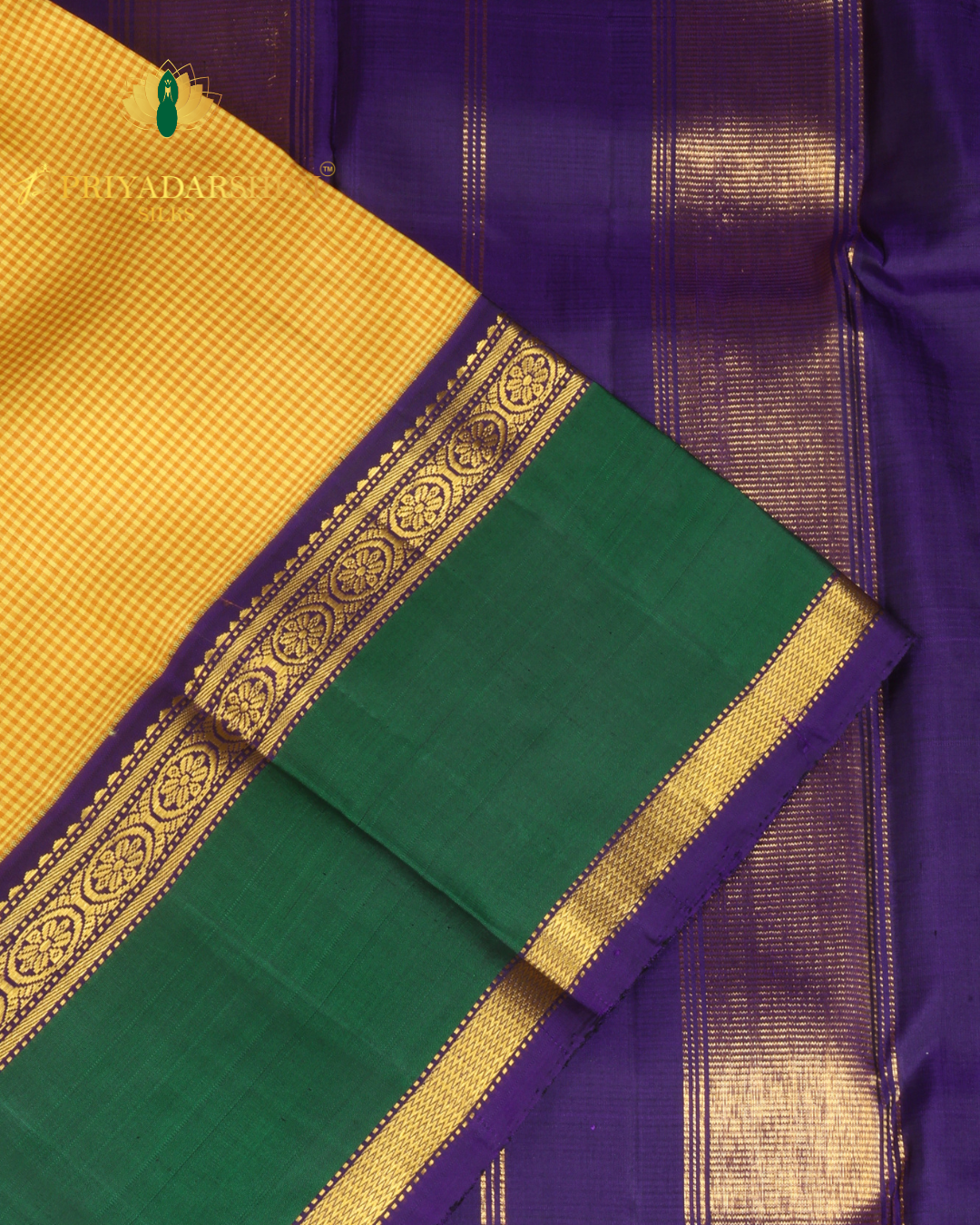 Yellow and Deep Green grid pattern - Kanjivaram Silk