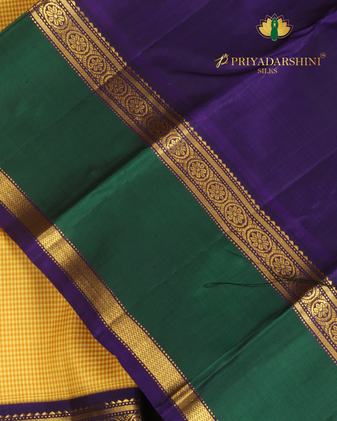 Yellow and Deep Green grid pattern - Kanjivaram Silk