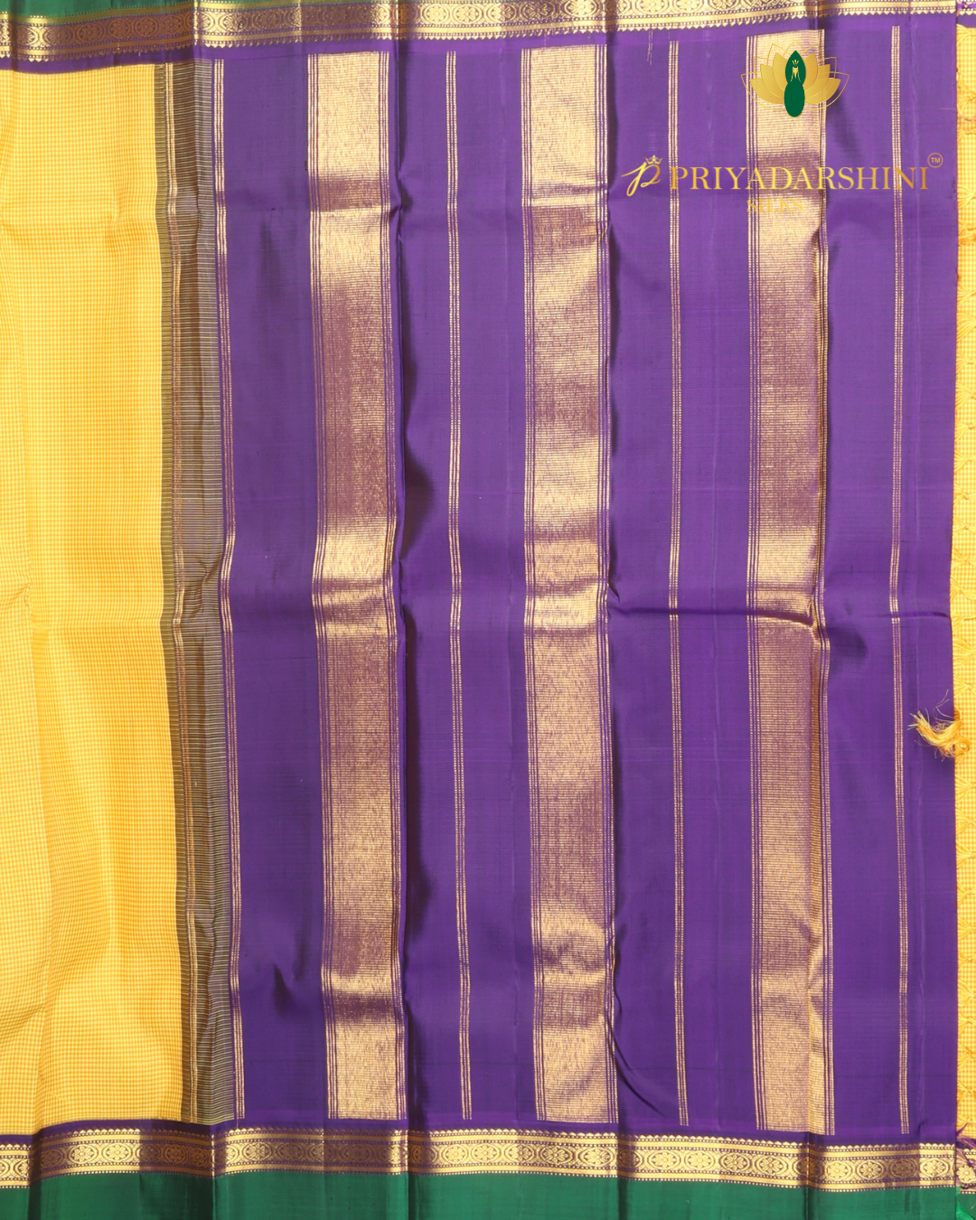 Yellow and Deep Green grid pattern - Kanjivaram Silk